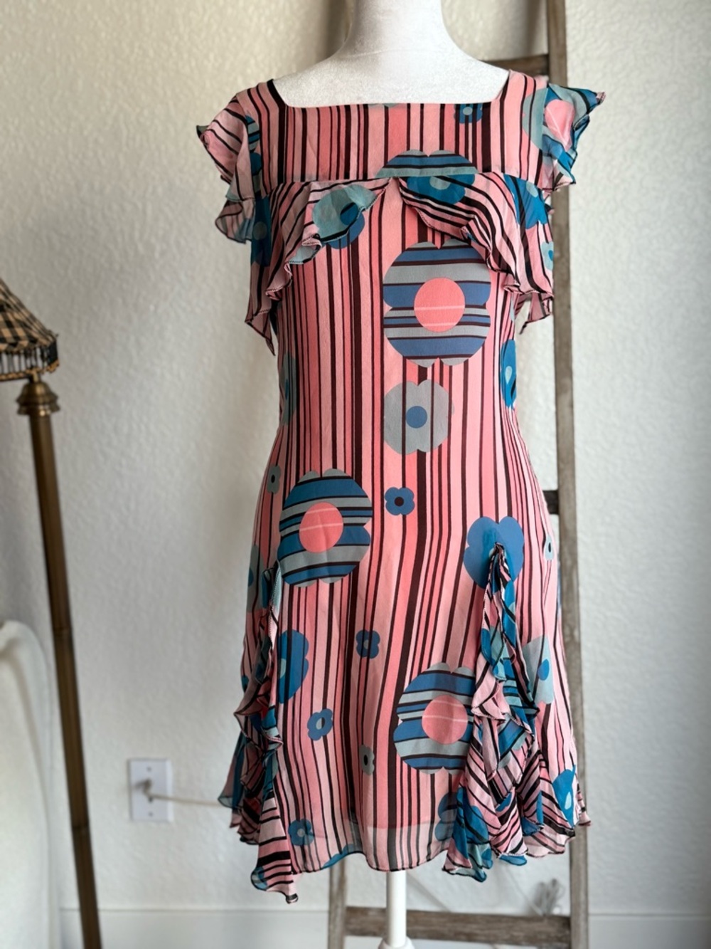 Marc Jacobs Pink Striped Floral Ruffle Mini Dress